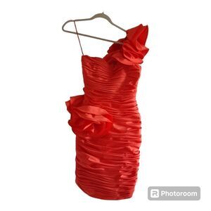 80s Julie Duroche After Six Ruched Ruffle Rosette One Shoulder Prom Dress